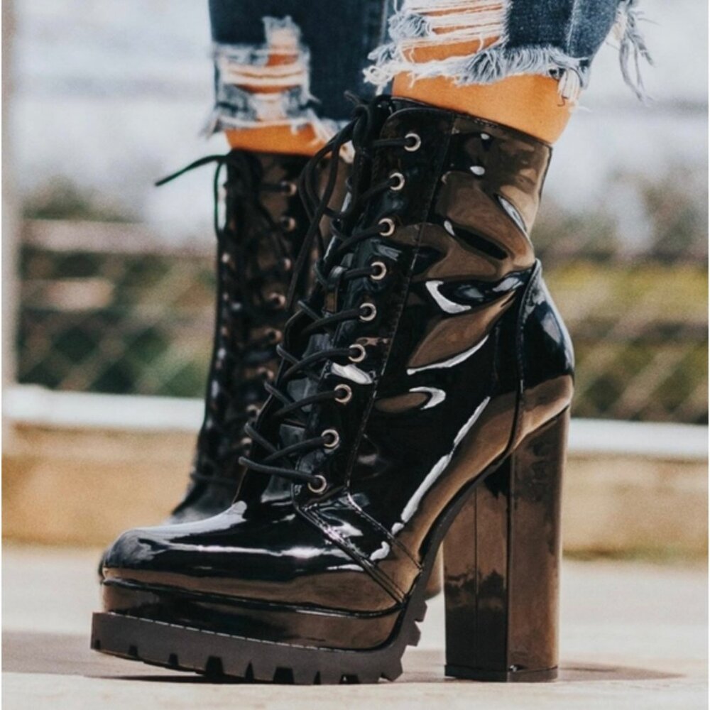 Black Faux Patent Leather Lug Sole Platform Heel Boots 10 | Baddie Dark Romance - Picture 2 of 16